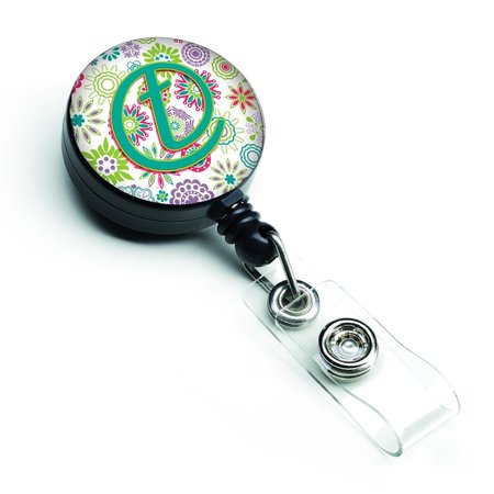 CAROLINES TREASURES Letter T Flowers Pink and Teal Green Initial Retractable Badge Reel CJ2011-TBR